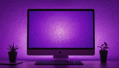 Computer with blank screen on the desk in front of purple wall.の素材