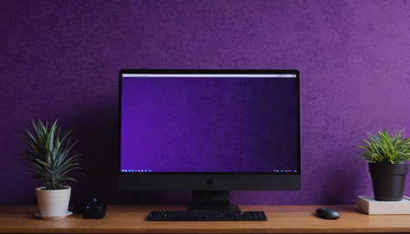 Desktop computer with purple screen, keyboard, mouse and plant on wooden tableの素材