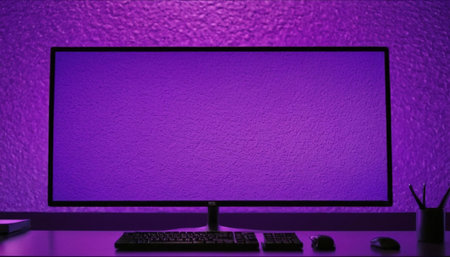 Computer with blank screen, keyboard, mouse and mouse on purple wall backgroundの素材