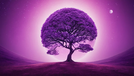 Purple tree against purple background with vignette 3d graphicの素材