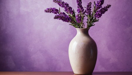 Lavender flowers in a vase on a purple background.の素材