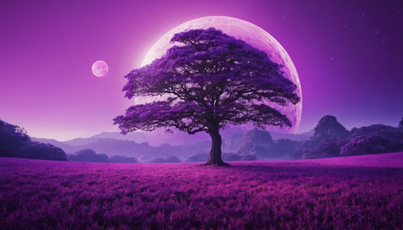 Fantasy landscape with big tree and purple full moon in the skyの素材