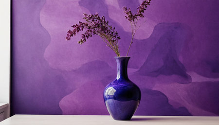 Vase with purple flowers on the table in a room with purple wallの素材