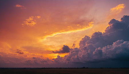 Beautiful sunset over the field. Dramatic cloudscape. Nature backgroundの素材