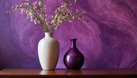Vase and vase with flowers on a wooden table against a purple wallの素材