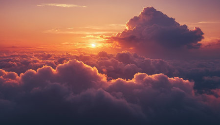 Aerial view of beautiful sunset above the clouds. Aerial view of beautiful sunset above the clouds.の素材