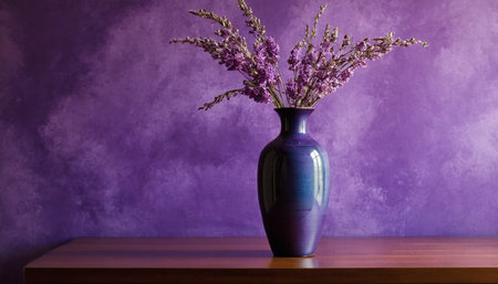 Vase with lavender flowers on wooden table in front of purple wall.の素材