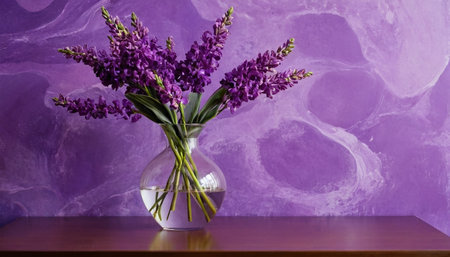 Purple lupines in a vase on a wooden tableの素材