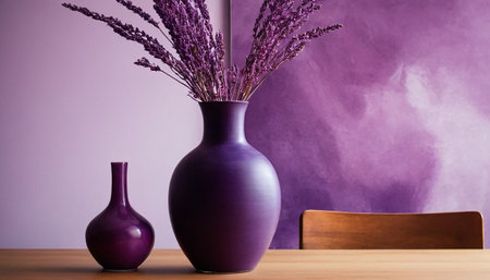 Purple vase with lavender flowers and wooden table on violet backgroundの素材