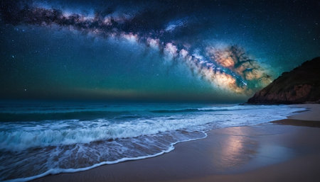 Milky Way over the beach at night. Long exposure photograph.の素材