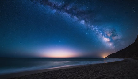 Milky Way over the beach at sunset. Long exposure photograph.の素材