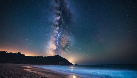 Milky Way over the beach at night. Long exposure photograph.の素材