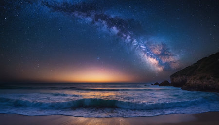 Milky Way over the ocean at sunset. Long exposure photograph.の素材