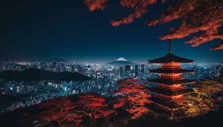 The pagoda and the cityscape of Tokyo at night, Japanの素材