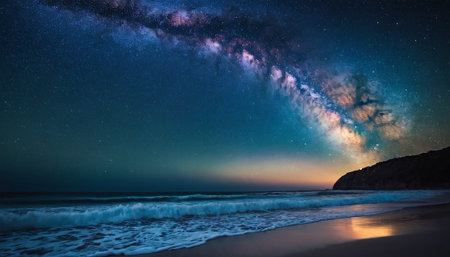 Milky Way over the beach at night. Long exposure photograph.の素材