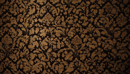 Vintage floral pattern on a dark brown background, close up.の素材