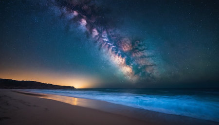 Milky Way over the beach at night. Long exposure photograph.の素材