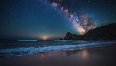 Milky Way over the beach at night. Long exposure photograph.の素材