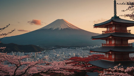 Mt. Fuji and cherry blossoms at sunset, Japan.の素材