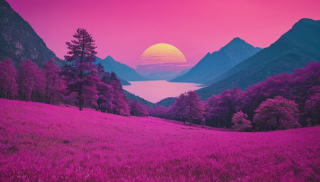 Fantastic sunset on the mountain lake. Colorful summer landscape.の素材