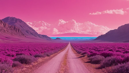 Purple lavender road in the desert with mountains in the backgroundの素材