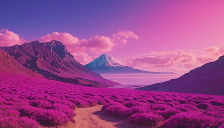 Beautiful landscape with mountain fuji and purple flowers. 3d renderの素材