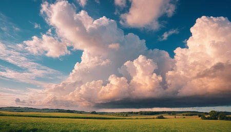 Sunset over green field and blue sky with clouds. Beautiful summer landscape.の素材