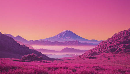 Mt. Fuji at sunrise with magenta sky and pink flowers.の素材