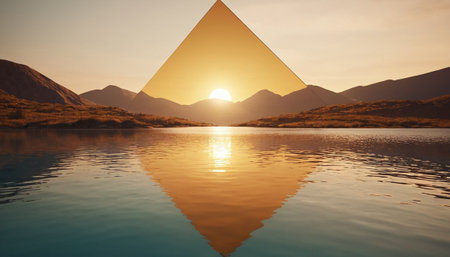 3d illustration of sunset over mountains and lake with pyramid reflected in waterの素材
