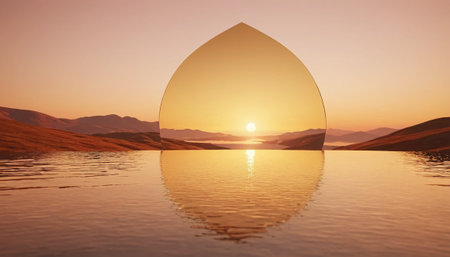 3d illustration of arabic window over the lake at sunsetの素材