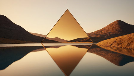 3D illustration of a pyramid reflecting in a lake at sunset.の素材