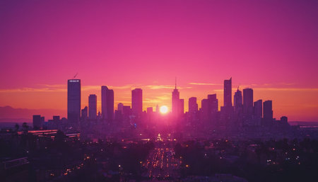 Downtown Los Angeles skyline at sunset, California, United States.の素材