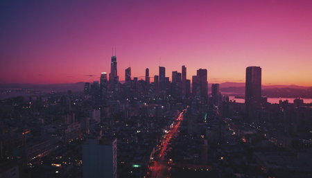 Aerial view of New York City skyline at sunset, USA.の素材