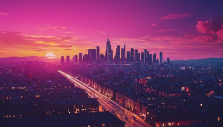 Downtown Los Angeles skyline at sunset, California, United States.の素材