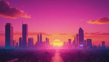 Panoramic aerial view of the city at sunset with beautiful skyの素材