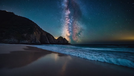 Milky Way over the beach at night. Long exposure photograph.の素材