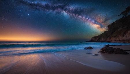 Milky Way over the ocean. Long exposure photograph with long exposure.の素材