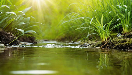 Green grass on the river bank with sunlight in the morning. Natural backgroundの素材