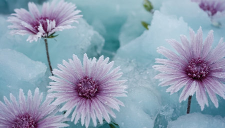 pink chrysanthemums in ice, closeup photoの素材