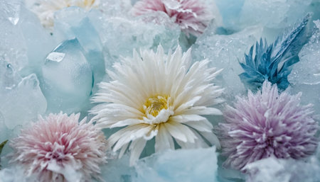 Close up of white and pink chrysanthemums on iceの素材