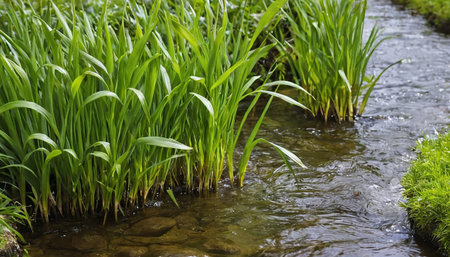 Rice seedlings growing on the banks of a small river.の素材