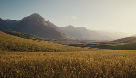 Mountain landscape with golden meadow and mountains in the background.の素材