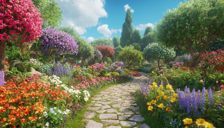 Beautiful garden panorama with blooming flowers, paths and pathの素材