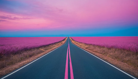 Road in lavender field at sunset. Beautiful landscape with purple flowers.の素材