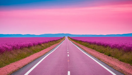 Road in blooming lavender field at sunset. Summer landscape.の素材