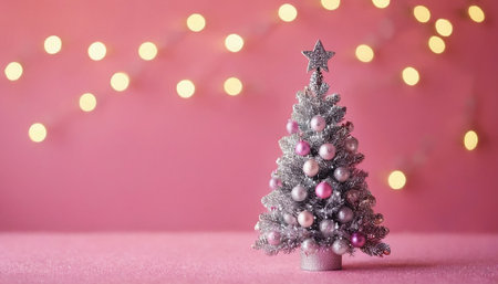 Christmas tree on a pink background with bokeh lights and copy spaceの素材