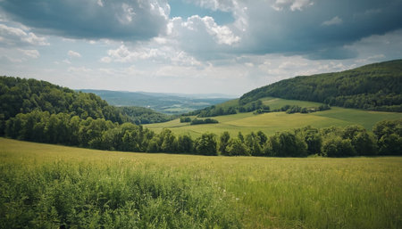 Panoramic view of green meadow and blue sky with cloudsの素材