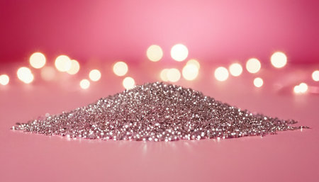 Shiny silver glitter on pink background with bokeh lights.の素材