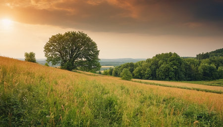 Beautiful landscape with a green meadow and a tree at sunsetの素材