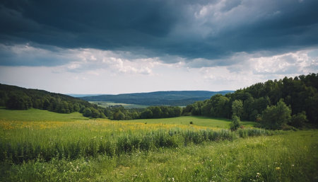 Beautiful summer landscape with green meadow and dark stormy skyの素材